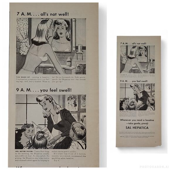 1943 Sal Hepatica Print Ad 7AM Not Well 9AM Swell Laxative Humor 1940s Ephemera - Picture 1 of 8